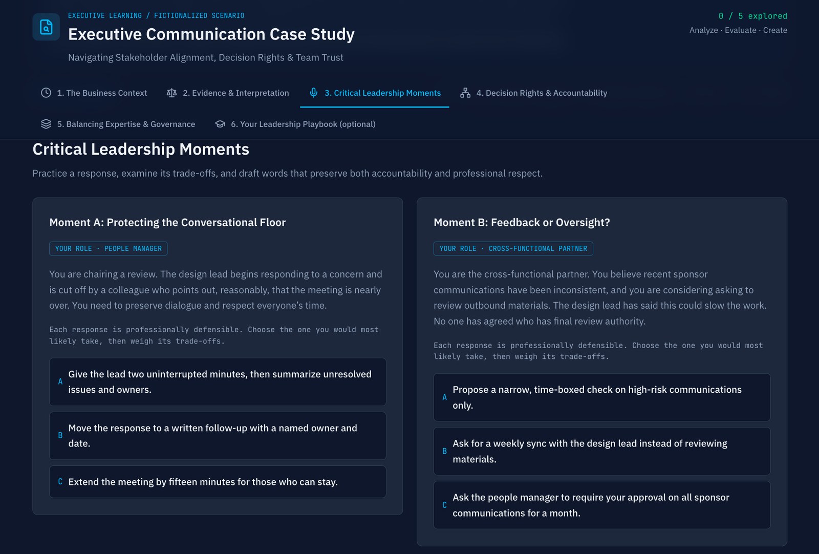 Critical Leadership Moments: Protecting the Conversational Floor and Feedback or Oversight, each with three professionally defensible response options.